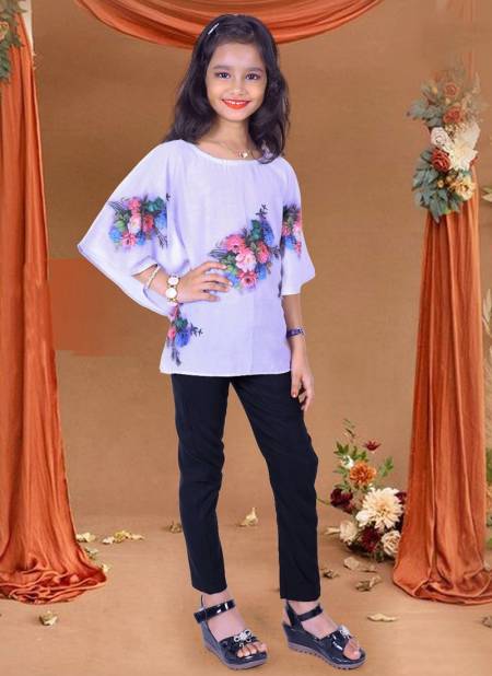 Light Purple Colour Kids Kaftan With Pant Ethnic Wear Cotton Printed Girls Wear Collection Rumani 04